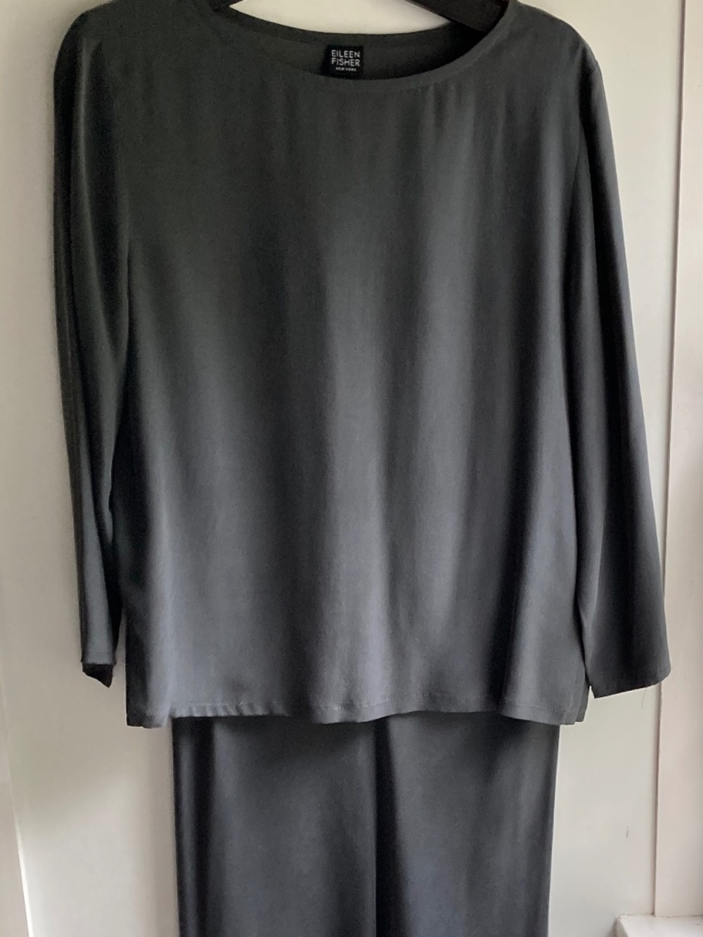 Vintage Eileen Fisher 100% silk gray long-sleeve top and maxi skirt set M